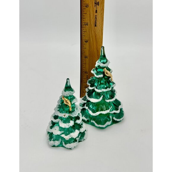 Fenton Green Christmas Tree Set 4" Gold Bird  3" With White Snow Accents Glass - Picture 4 of 10